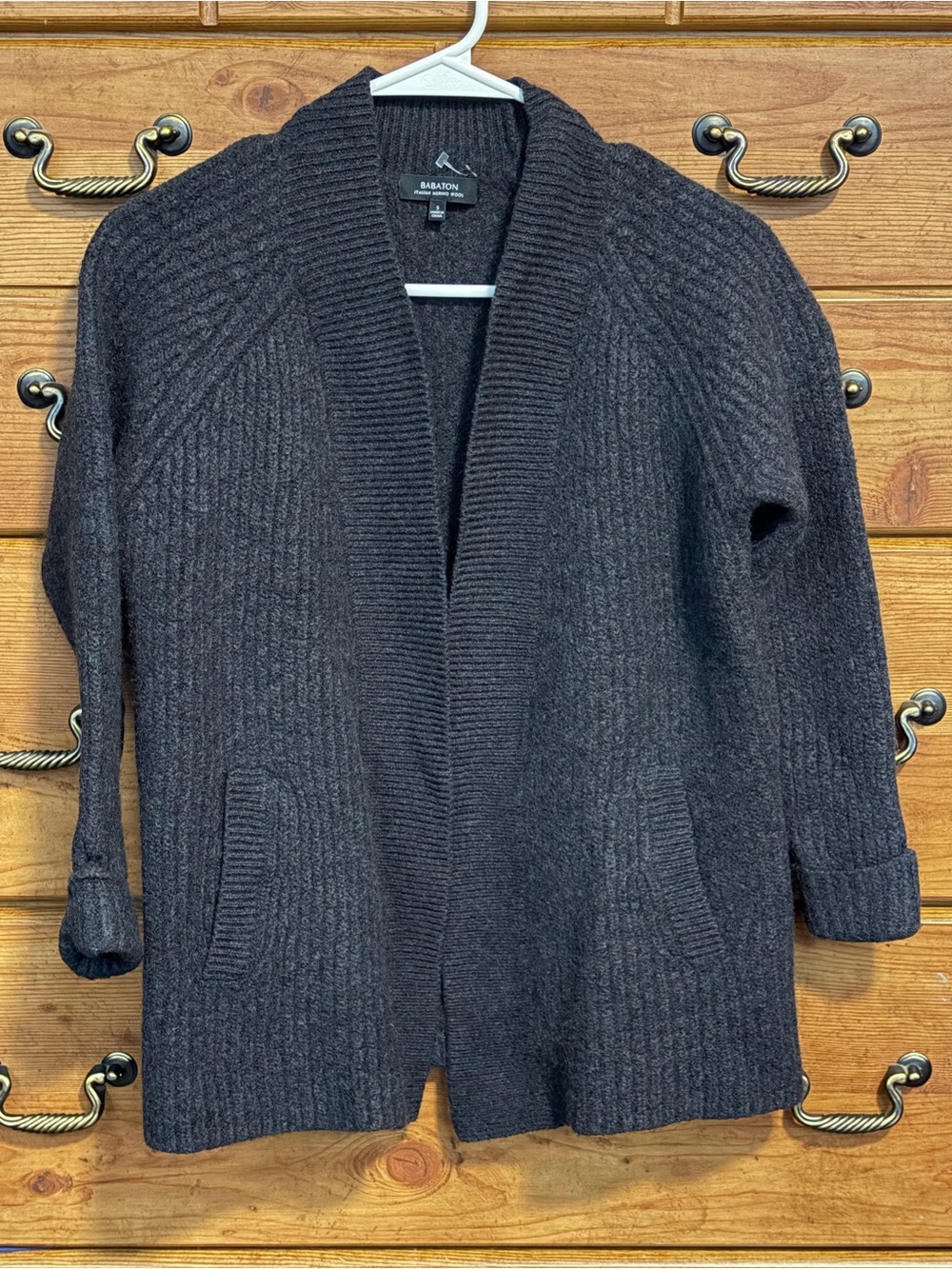 Babaton Dark Charcoal Ribbed Shawl-Collar Open Cardigan